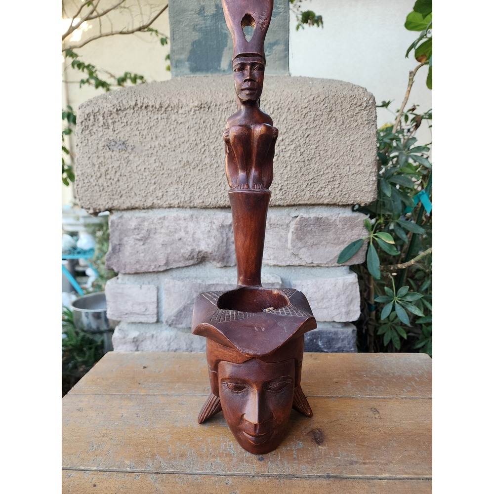 16" Hand Carved Wood African Style Figural Sculpture Woman Head Vessel Art